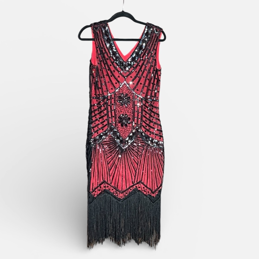 BABEYOND Flapper Cocktail Vintage Era Red Black Sequin Dress Great Cond L - Picture 4 of 6